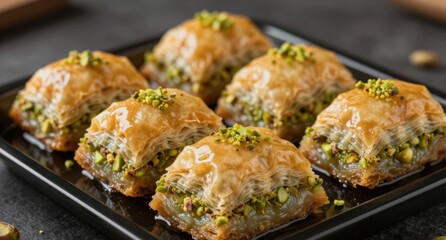 Baklava Dessert with Pistachios on a Black Plate Sweet Treat