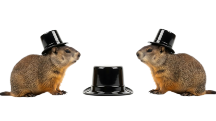 Two Groundhogs Wearing Tiny Top Hats Face Each Other on Black Background