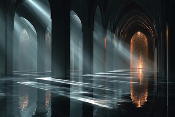 Naklejka premium Mystical interior with arched doorways and shimmering light effects
