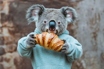 Koala exercising with croissant dumbbell