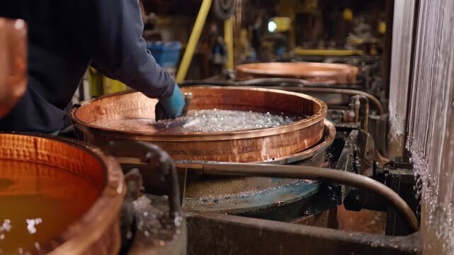 Medium shot of a technician performing chemical treatment on rolled copper to dissolve and remove oxide layers for mill scale removal