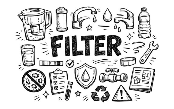Doodle illustration of water filtration and purification concepts with the word FILTER