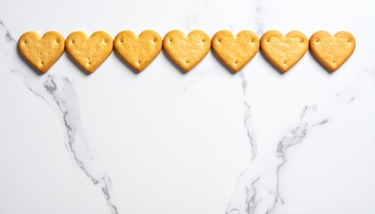 Fifteen golden-brown heart-shaped cookies arranged in three neat rows on white marble surface.