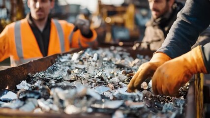 Medium shot of workers manually sorting scrap metal by hand demonstrating precision and care in identifying recyclable materials in a busy recycling facility.
