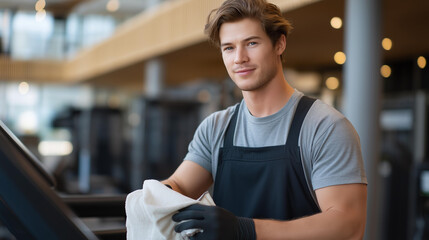 A dedicated facility maintenance worker cleaning and maintaining gym equipment in a modern fitness center, promoting a safe and hygienic workout environment for health-conscious patrons. cinematic