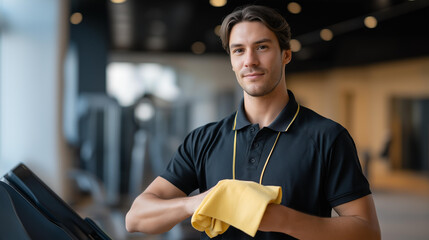A dedicated facility maintenance worker cleaning and maintaining gym equipment in a modern fitness center, promoting a safe and hygienic workout environment for health-conscious patrons. cinematic