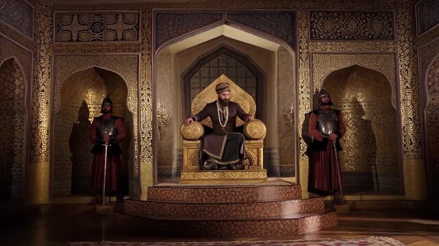 Grand sultan seated on ornate golden throne in mosaic decorated royal hall with armored guards