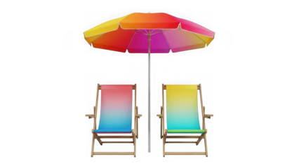 Two deck chairs with gradient colors and a colorful beach umbrella against transparent backdrop