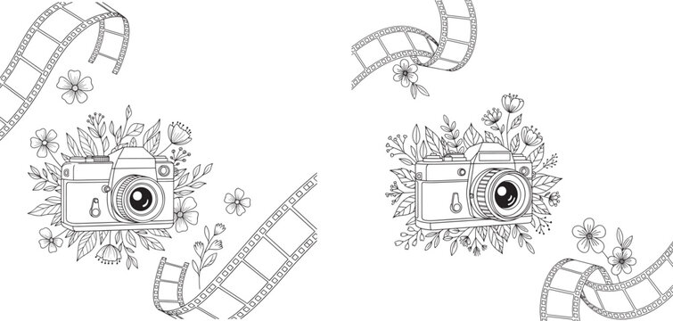 Retro vintage camera with floral decoration and film strips line art for photography hobby illustration