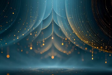 Stunning blue background with golden lights and elegant drapes