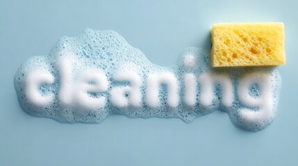 The word "cleaning" written in thick soap foam and a yellow sponge on a blue background. Banner with copy space. Cleaning service and premises maintenance concept.