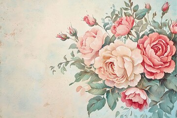 Elegant floral arrangement of roses in soft, muted tones, evoking a sense of grace and delicacy. The roses are in full bloom, surrounded by lush green foliage, all set against a subtle.