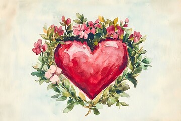A hand-painted watercolor artwork of a heart adorned with flowers and greenery. The artwork shows love, affection, and spring