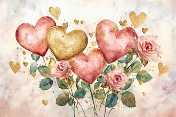 A beautiful watercolor painting of hearts and roses, perfect for Valentine's Day or expressing love