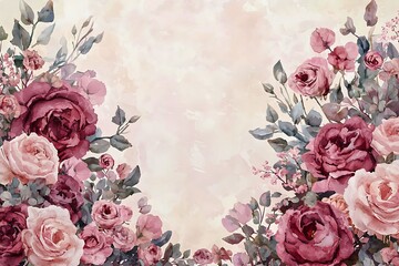 Elegant floral arrangement of roses and other flowers, forming a beautiful border with soft tones, perfect for invitations, backgrounds, or designs