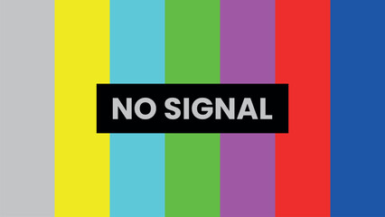 No signal TV screen with color bars and error message, broadcast test pattern illustration showing signal loss and technical problem, retro television screen concept for media failure, interruption