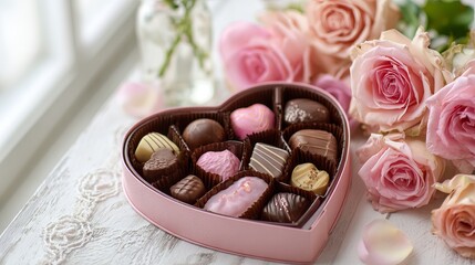 A heart-shaped box of assorted chocolates and pink roses on a white table by a window