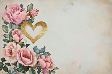 Romantic floral design, featuring pink roses and a golden heart on a light paper background