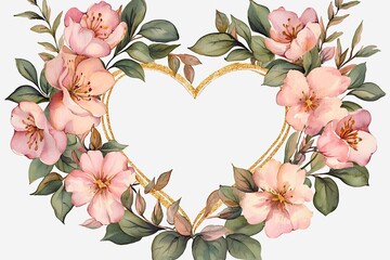 A heart-shaped floral arrangement adorned with delicate pink blooms and lush green leaves, a beautiful love symbol