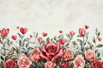 A charming watercolor illustration featuring a vibrant array of roses and hearts, celebrating love and beauty. 