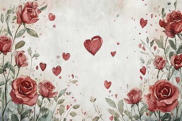 A romantic watercolor illustration with red roses and hearts. It evokes feelings of love and affection. 