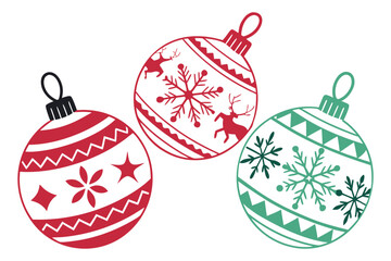 Christmas balls printed and pattern clipart set. Green and red xmas ball decoration elements clip art with spiral, curve, snowflakes and star graphic design collection for holiday season vector