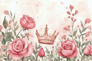 A floral watercolor artwork with a crown, roses, and small hearts