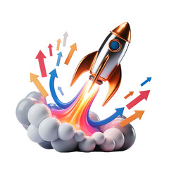 3D rocket launch with business growth graph and gold coins isolated PNG
