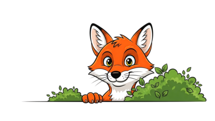 Playful Cartoon Fox Character Peeking Over Green Bush Illustration
