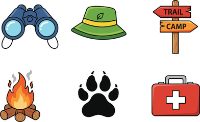 Outdoor camping and hiking icons set featuring binoculars, trail signs, campfire, first aid kit, wildlife tracking and adventure gear in flat vector style