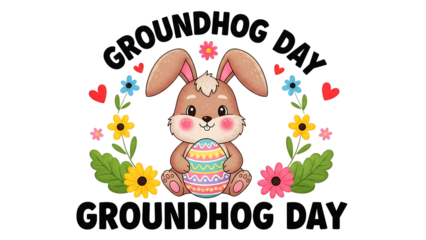 Cute cartoon rabbit holding a colorful Easter egg surrounded by flowers for Groundhog Day