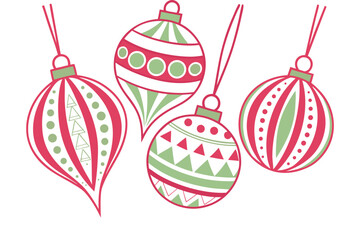 Christmas balls printed and pattern clipart set. Green and red xmas ball decoration elements clip art with spiral, curve, snowflakes and star graphic design collection for holiday season vector