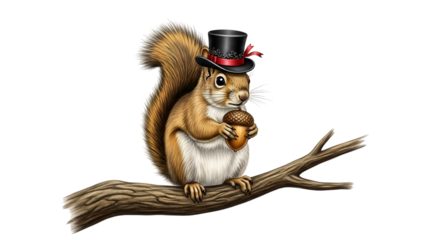 Charming Squirrel Illustration Wearing an Elegant Top Hat and Holding an Acorn