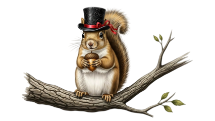 Charming Digital Illustration of a Squirrel Wearing a Top Hat Holding an Acorn