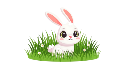 Cute cartoon white rabbit sitting in green grass with small flowers
