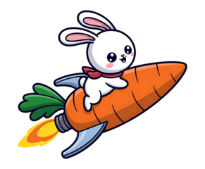 bunny rabbit riding on a large orange carrot rocket