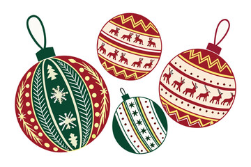Christmas balls printed and pattern clipart set. Green and red xmas ball decoration elements clip art with spiral, curve, snowflakes and star graphic design collection for holiday season vector