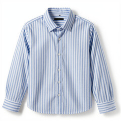 Light blue and white striped cotton button-up shirt with collar popped, isolated on white