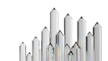 Group of tall, pointed quartz crystal formations with iridescent reflections isolated on transparent background