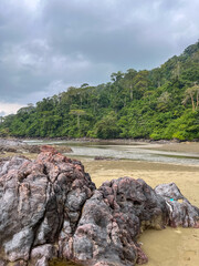 Rocky shoreline at Rajegwesi Beach inside Meru Betiri National Park, featuring coral rocks, calm waves, tropical forest backdrop, and overcast skies along the southern coast of Java.