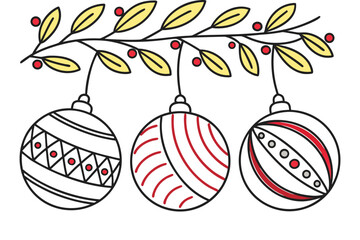 Christmas balls printed and pattern clipart set. Green and red xmas ball decoration elements clip art with spiral, curve, snowflakes and star graphic design collection for holiday season vector