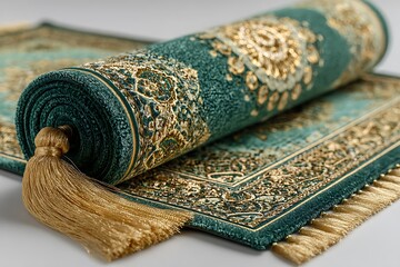 Luxurious green and gold rolled prayer mat with tassel