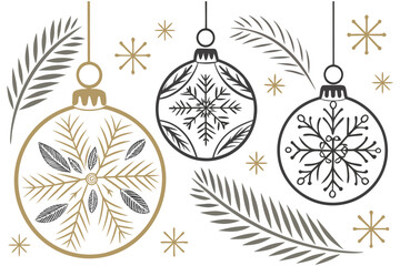 Christmas balls printed and pattern clipart set. Green and red xmas ball decoration elements clip art with spiral, curve, snowflakes and star graphic design collection for holiday season vector