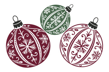 Christmas balls printed and pattern clipart set. Green and red xmas ball decoration elements clip art with spiral, curve, snowflakes and star graphic design collection for holiday season vector