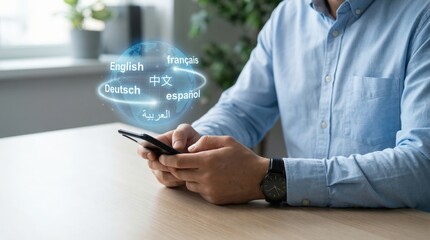 Man using smartphone for language translation application with holographic globe interface showing different languages like english, deutsch, chinese, and spanish
