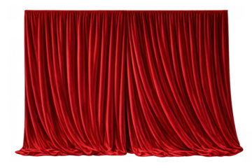 Red velvet stage curtains closing a theatrical performance, opulent drape for grand event banner on transparent background