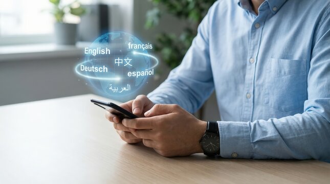 Man using smartphone for language translation application with holographic globe interface showing different languages like english, deutsch, chinese, and spanish - Powered by Adobe