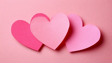 Fototapeta premium Three pink paper hearts arranged on a soft pink background for Valentine's Day