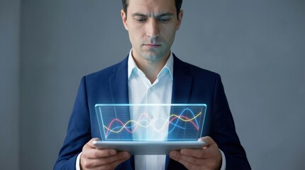Businessman analyzing holographic financial data chart on a tablet computer in a modern office setting, focusing on business growth and technology integration