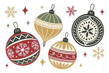 Christmas balls printed and pattern clipart set. Green and red xmas ball decoration elements clip art with spiral, curve, snowflakes and star graphic design collection for holiday season vector